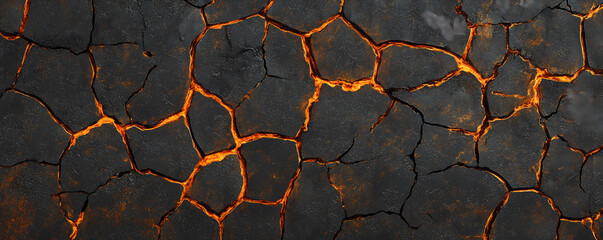 Background showing cracked soil with molten magma beneath. Represents the drying out of the earth due to climate change or natural volcanic events.