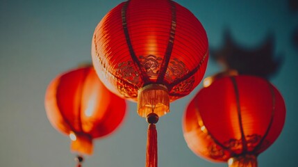 A close-up of bright red lanterns with intricate golden tassels, floating in the evening air under a clear blue sky, soft warm lighting - Powered by Adobe