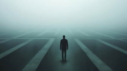 Person trying to find their way in a fog-covered maze, high walls surrounding, uncertainty with no clear direction, representing confusion in life 