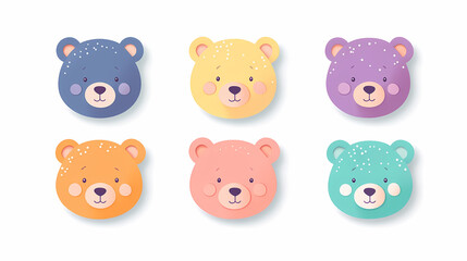 Set Bear card templates. Cute cartoon bear faces,paper art and digital craft style.