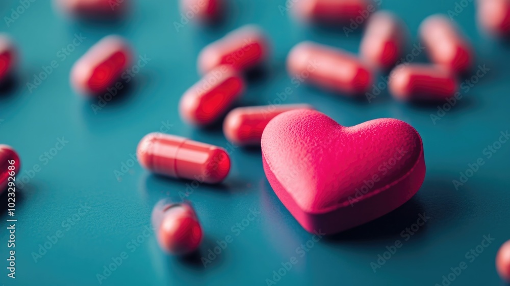 Poster glowing red heart shaped vitamin pill representing nourishment and care for the cardiovascular syste