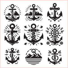 Set of sea anchor symbol set isolated anchor with a heart charm on white background vector illustration