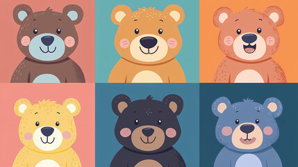 Set Bear card templates. Cute cartoon bear faces,paper art and digital craft style.