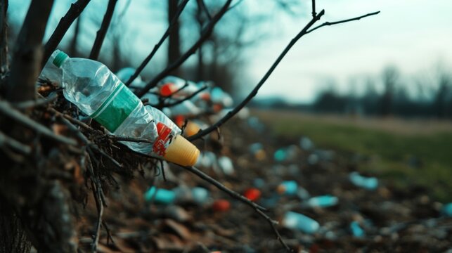 Plastic packaging and wrappers tangled in tree branches, littering a small neighborhood playground and damaging the local environment  - Powered by Adobe