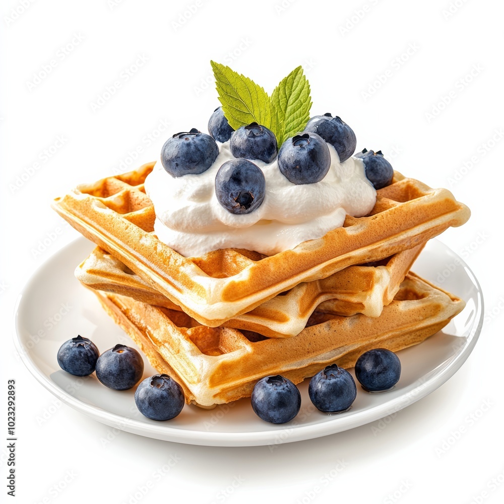 Poster a vibrant breakfast scene with a stack of waffles topped with whipped cream and blueberries, isolate