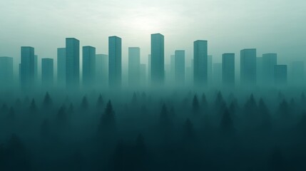 Fototapeta premium Skyscrapers disappearing into a thick layer of smog, urban skyline suffocated by pollution, sunlight barely piercing through the haze 