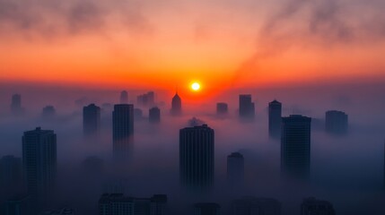 Fototapeta premium Smog-covered city skyline at sunset, thick gray clouds blocking sunlight over modern buildings, silhouettes barely visible, orange glow in the background 