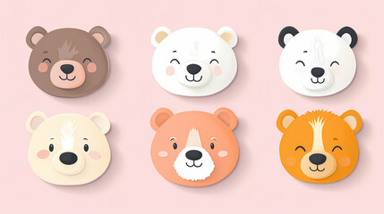 Set Bear card templates. Cute cartoon bear faces,paper art and digital craft style.