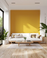 Minimalist living room with a mustard yellow accent wall, sleek white furniture, and light wooden flooring, 3D rendering. 