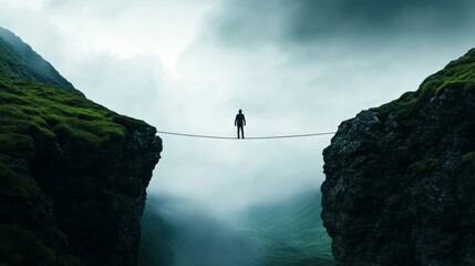Obraz premium Tightrope stretched between two mountains in a storm, person standing halfway, wind pushing unpredictably, symbolizing navigating life’s uncertainties 