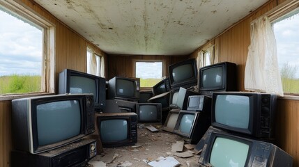 Tiny house overwhelmed by giant, unused items like old TVs and broken furniture, representing...