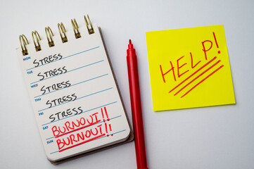 Calendar with days of the week, and words stress and burnout, written on each day. Stress, anxiety...