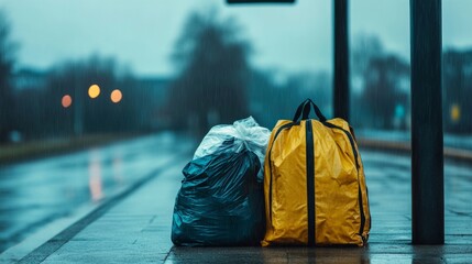 Obraz premium Unattended backpack and a plastic bag filled with clothes under a bus stop shelter, rainy day with gray tones, homeless struggle representation 