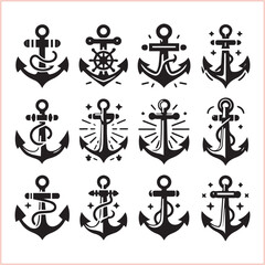 Set of sea anchor symbol set isolated anchor with a heart charm on white background vector illustration


