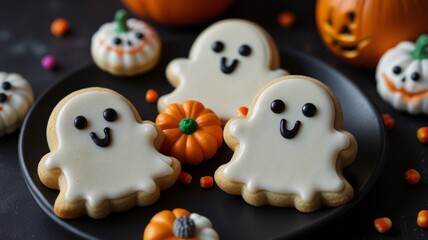 Cute ghost-shaped sugar cookies with icing, placed on a black plate, surrounded by mini pumpkins and candy skulls, in a Halloween-themed kitchen. Generative AI