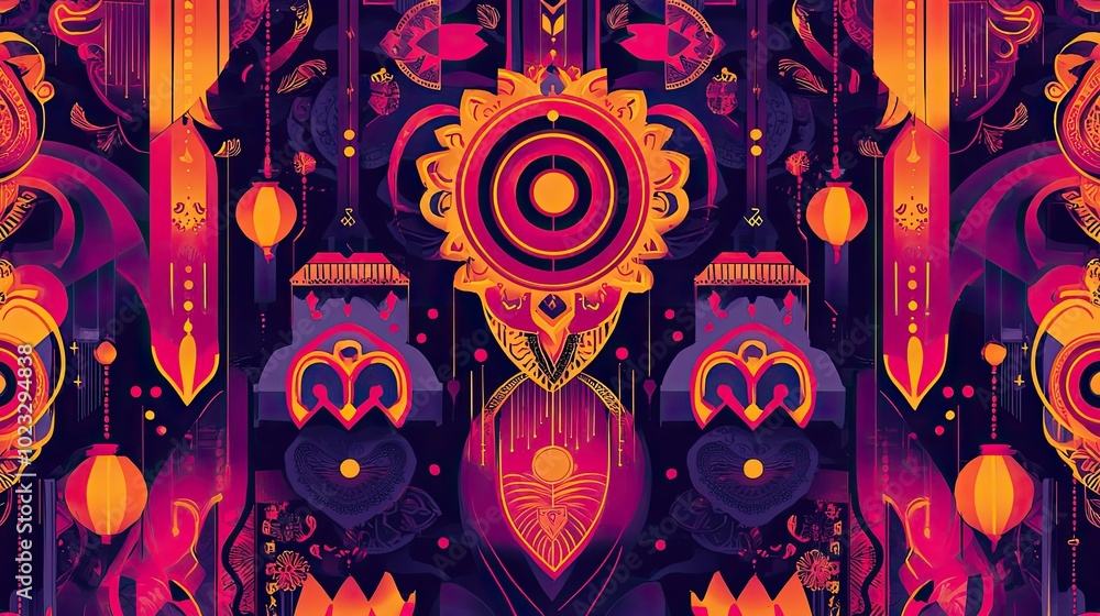 Poster vibrant abstract pattern featuring bold colors and intricate shapes, perfect for artistic and modern