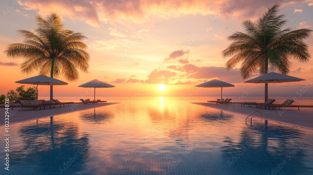 Poster a beautiful sunset over a pool with palm trees and umbrellas