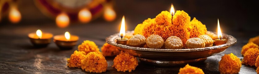 A beautifully arranged plate with vibrant marigold flowers and traditional lamps, creating a warm and festive ambiance for celebrations.