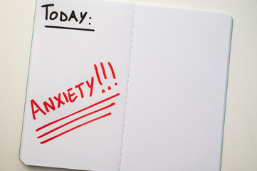 Blank journal page, with the word Anxiety in red. Anxiety and a request for help.