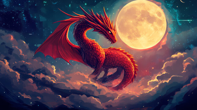 A vibrant red dragon against a glowing moonlit backdrop. Shadow Dragon. Illustration