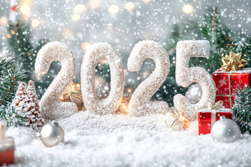 Snow-covered numbers 2025 with Christmas decorations and presents, creating an enchanting winter atmosphere for the New Year celebration.	