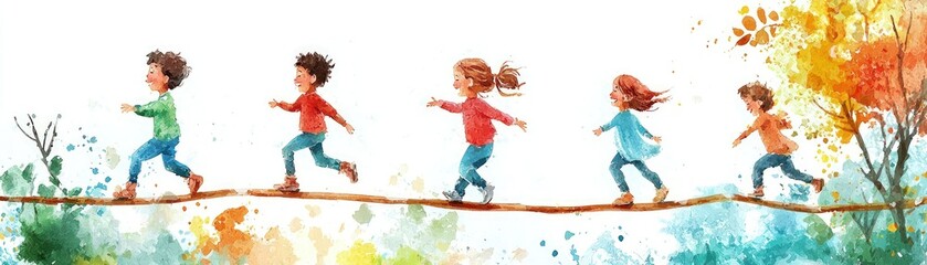 Obraz premium A colorful illustration of children joyfully walking in a line, captured in a lively and whimsical style against a vibrant backdrop of trees and foliage.