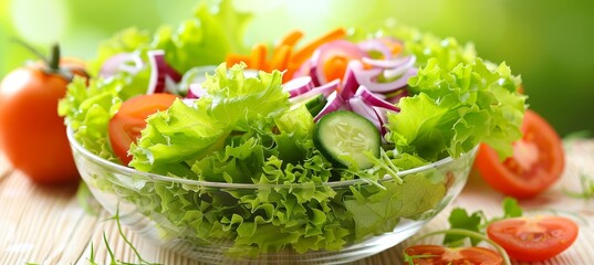 Vibrant salad displayed on rustic wooden table, showcasing fresh ingredients and colors