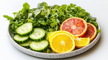 Fresh salad with cucumbers, oranges, and greens on a speckled plate.