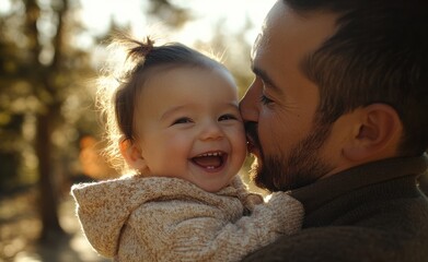 Obraz premium Father and baby share a joyful moment outdoors during golden hour