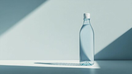 "Clean and Clear Mineral Water in a Transparent Bottle, Ideal for Product Advertising and Promotion with an Empty Wall Background"