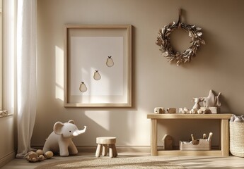 Minimalist Nursery Decor with Wooden Toys and a Pear Print