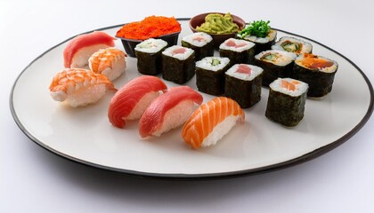 A variety of sushi, including nigiri with fresh salmon, tuna, and shrimp, as well as neatly cut maki rolls. Generative AI