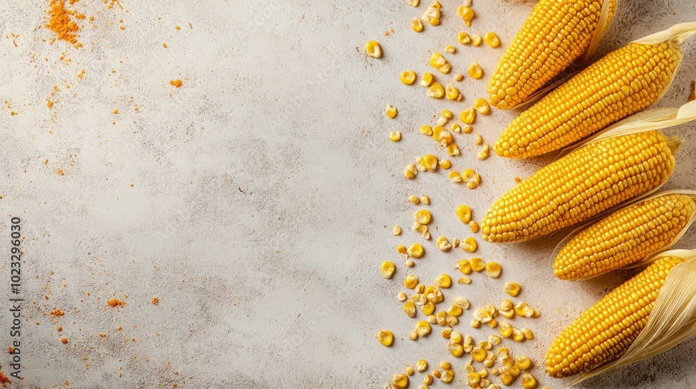 Poster corn kernels and whole cobs scattered on a smooth surface, viewed from above with plenty of copy spa