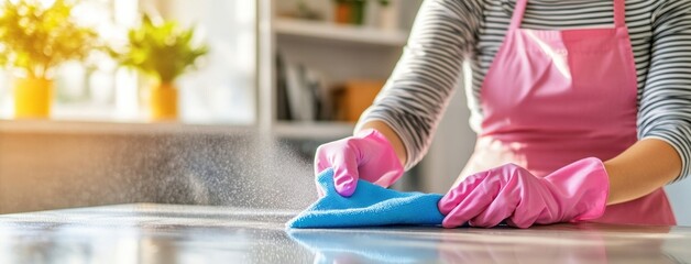 Person cleaning a kitchen countertop with a cloth and spray