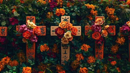 Colorful floral arrangement around wooden crosses, symbolizing remembrance and celebration of life amidst vibrant flowers.