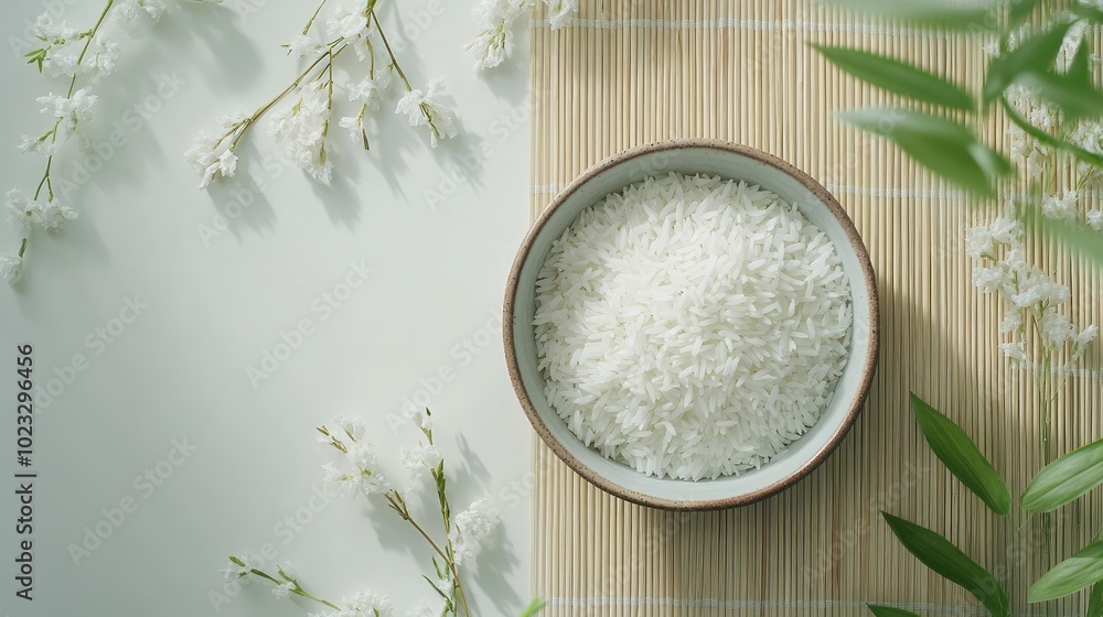 Poster create 20 prompts for stock photos related to top view of rice with copy space with 100-150 characte