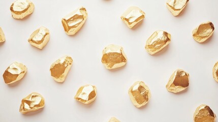 A group of rough gold nuggets arranged on a clean white backdrop