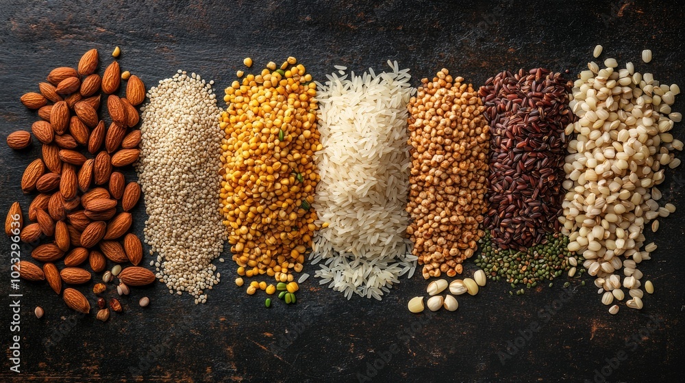 Poster create 20 prompts for stock photos related to top view of rice with copy space with 100-150 characte