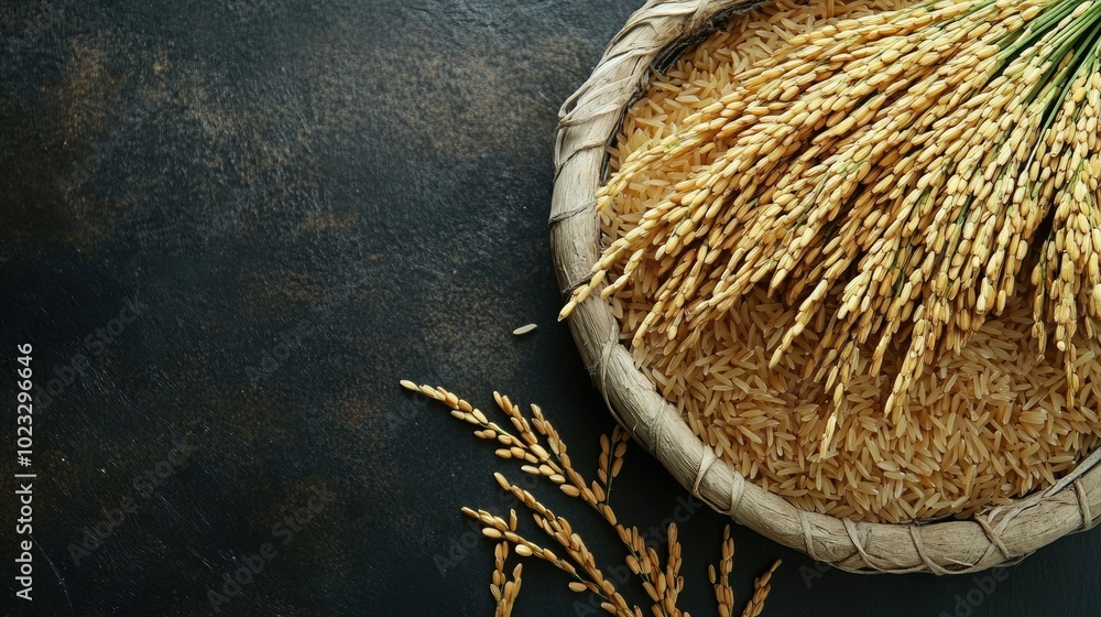 Poster create 20 prompts for stock photos related to top view of rice with copy space with 100-150 characte