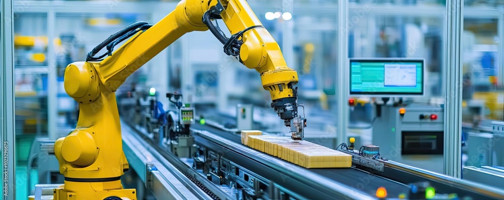 Poster robotic arm performing precision tasks in a modern factory, showcasing advanced automation and effic