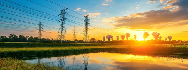 A beautiful sunrise over the countryside with power lines and a Flemish energy company's electric grid, energy storage facility