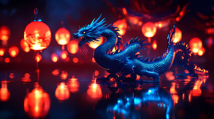 Fototapeta premium A majestic blue dragon stands on a reflective surface, illuminated by glowing red lanterns, creating a mystical and enchanting atmosphere. Shadow Dragon. Illustration