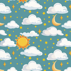 Pattern with clouds and stars.Vector seamless pattern with clouds, sun and stars on a colored background.