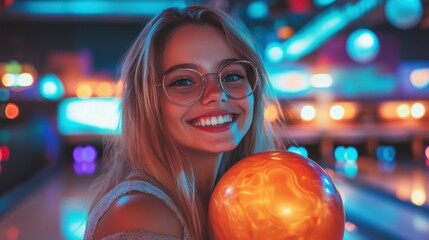 Young woman smiles brightly while holding a colorful bowling ball