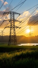 A beautiful sunrise over the countryside with power lines and a Flemish energy company's electric grid, energy storage facility