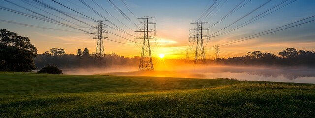 A beautiful sunrise over the countryside with power lines and a Flemish energy company's electric grid, energy storage facility