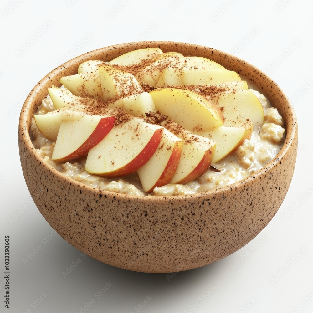 Aufkleber an isolated 3d rendering of a bowl of oatmeal topped with sliced apples and cinnamon, placed on a cl
