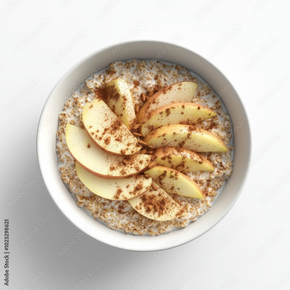Poster an isolated 3d rendering of a bowl of oatmeal topped with sliced apples and cinnamon, placed on a cl