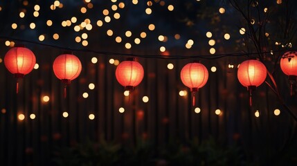 Obraz premium A string of red Chinese lanterns hanging against a dark night sky, with glowing fairy lights in the background, warm festive atmosphere