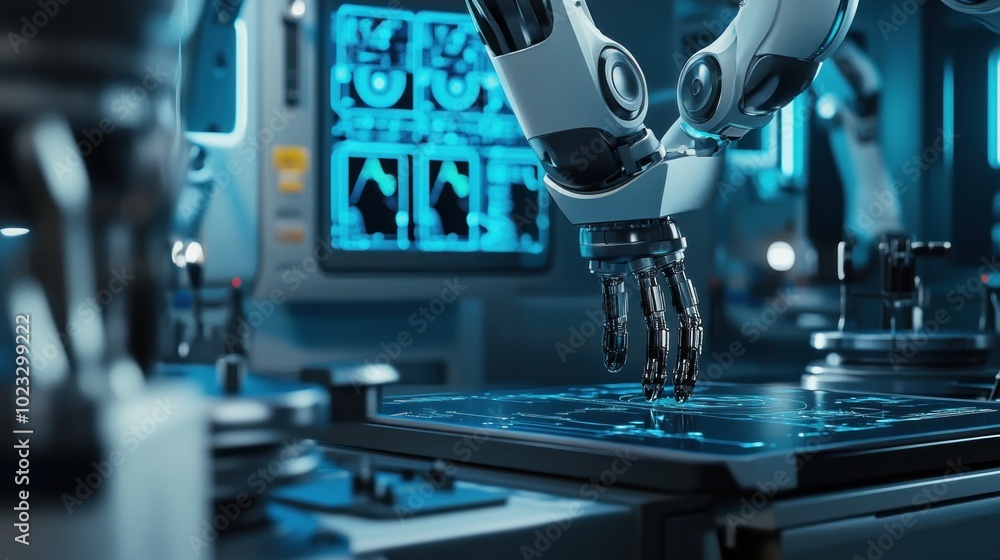 Poster a robotic arm interacts with a digital interface in a high-tech laboratory setting.
